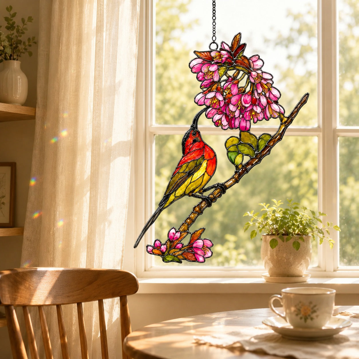 Scarlet Sunbird & Pink Blossom Branch Holographic Acrylic Suncatcher