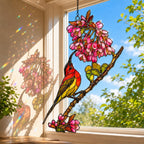 Scarlet Sunbird & Pink Blossom Branch Holographic Acrylic Suncatcher