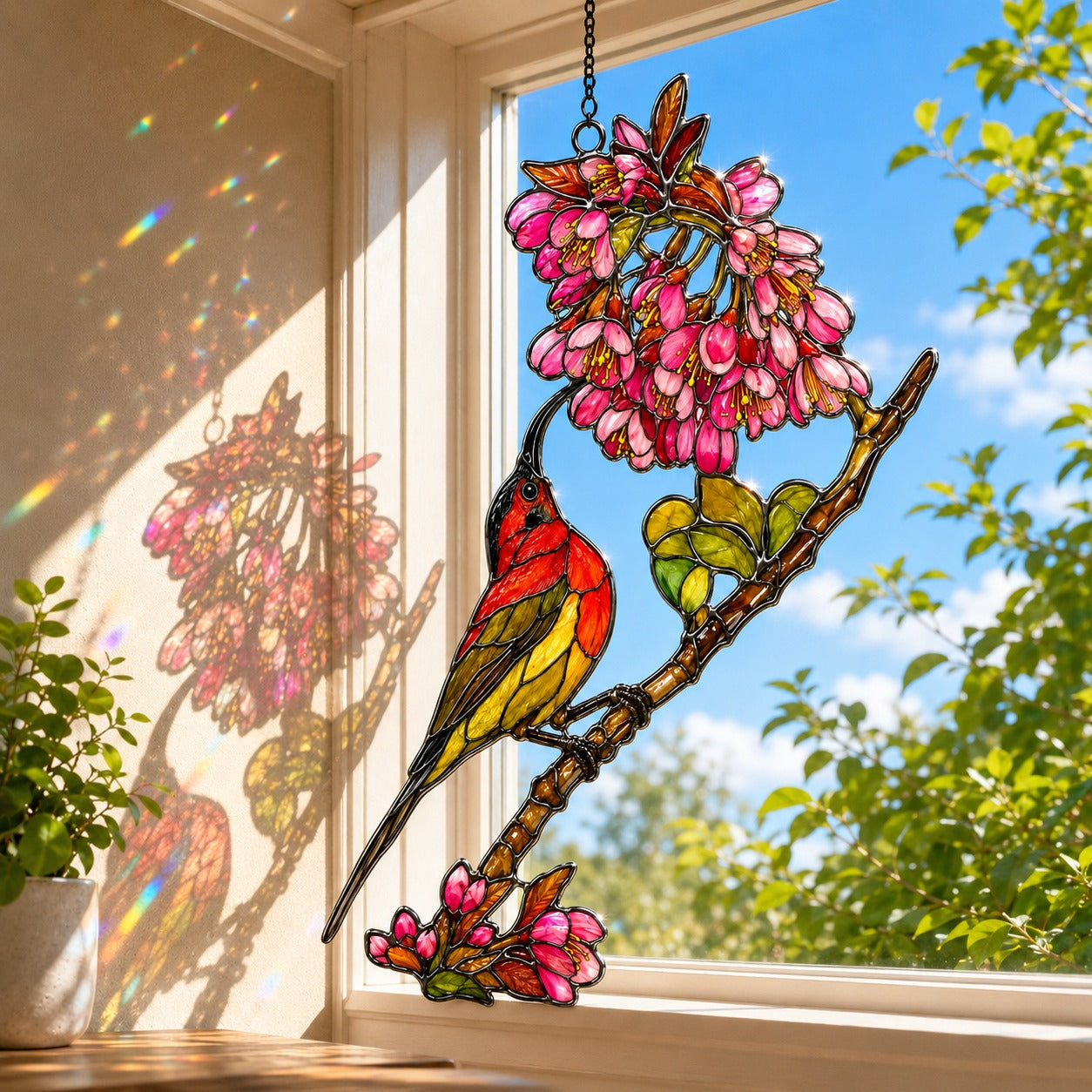 Scarlet Sunbird & Pink Blossom Branch Holographic Acrylic Suncatcher