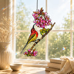 Scarlet Sunbird & Pink Blossom Branch Holographic Acrylic Suncatcher