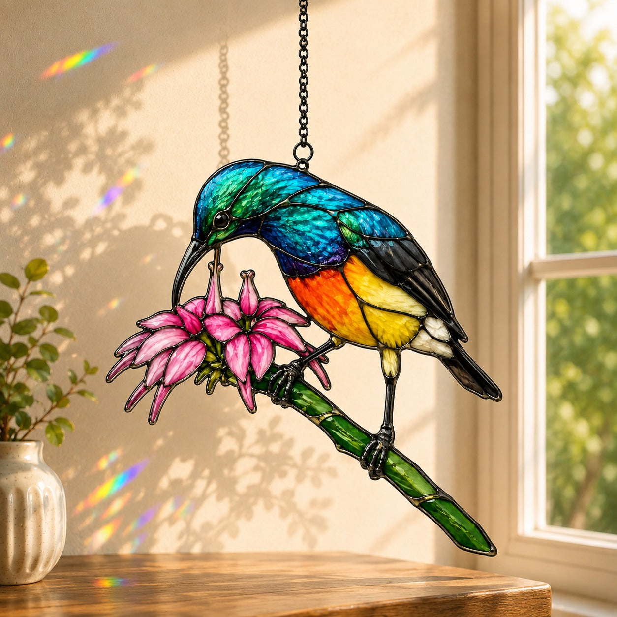 Stained glass style suncatcher with a rainbow sunbird leaning toward pink lily flowers, hanging in a sunlit window with rainbow light