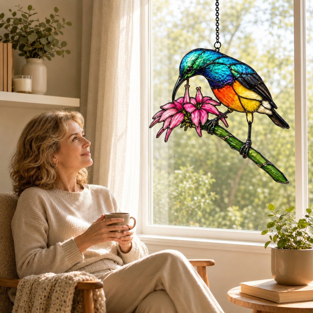 Rainbow Sunbird & Pink Lily Holographic Acrylic Suncatcher