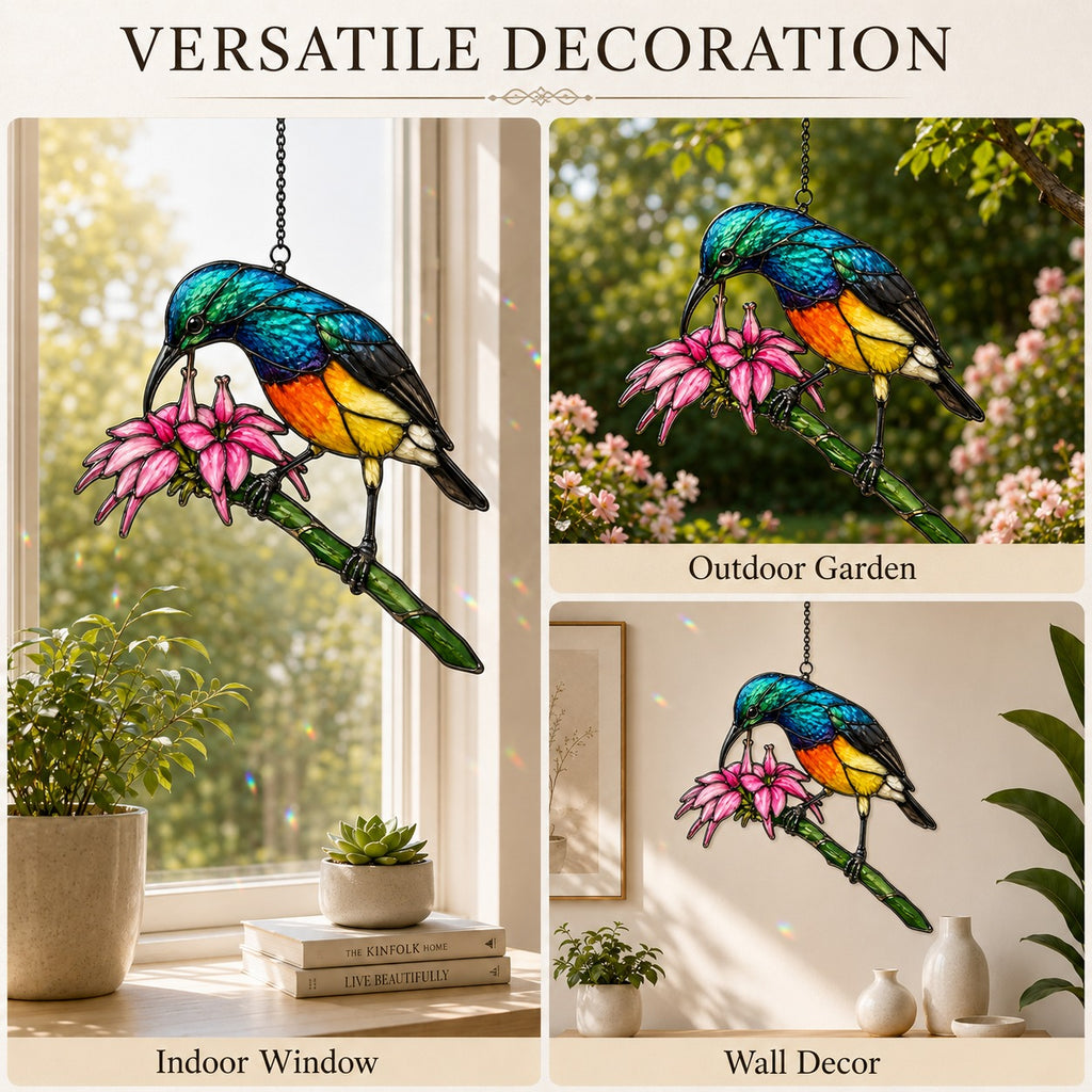 Rainbow Sunbird & Pink Lily Holographic Acrylic Suncatcher