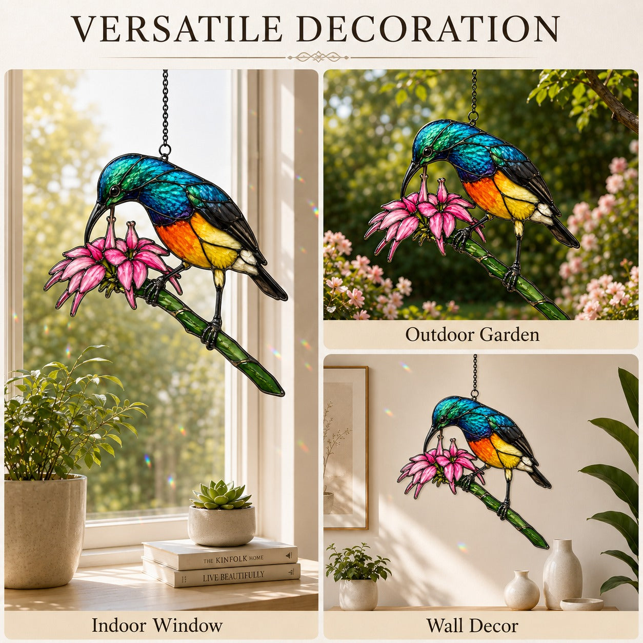 Rainbow Sunbird & Pink Lily Holographic Acrylic Suncatcher