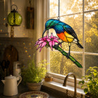 Rainbow Sunbird & Pink Lily Holographic Acrylic Suncatcher