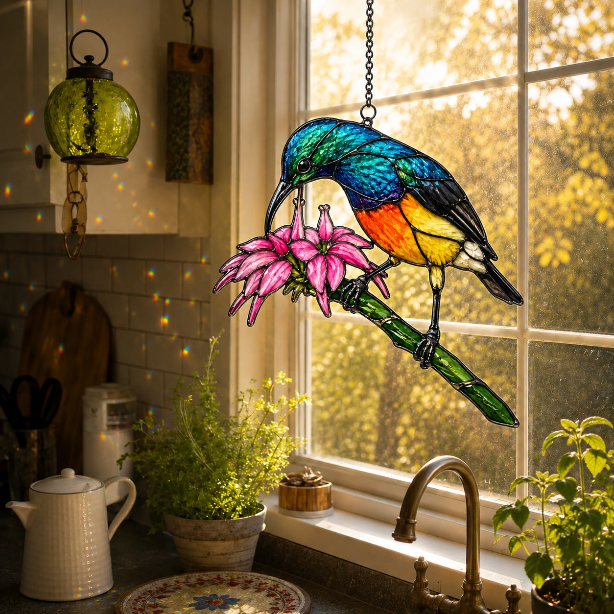 Rainbow Sunbird & Pink Lily Holographic Acrylic Suncatcher