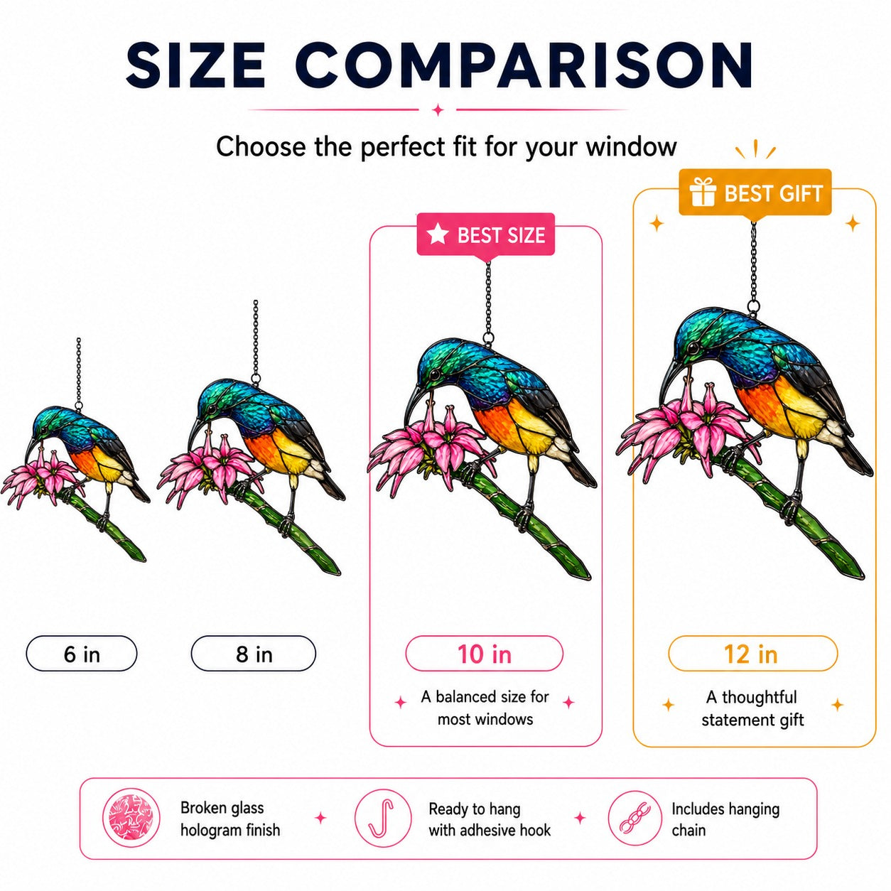 Rainbow Sunbird & Pink Lily Holographic Acrylic Suncatcher