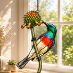 Stained glass style suncatcher with a scarlet-chested sunbird on a protea flower stem, hanging in a sunlit window with rainbow light