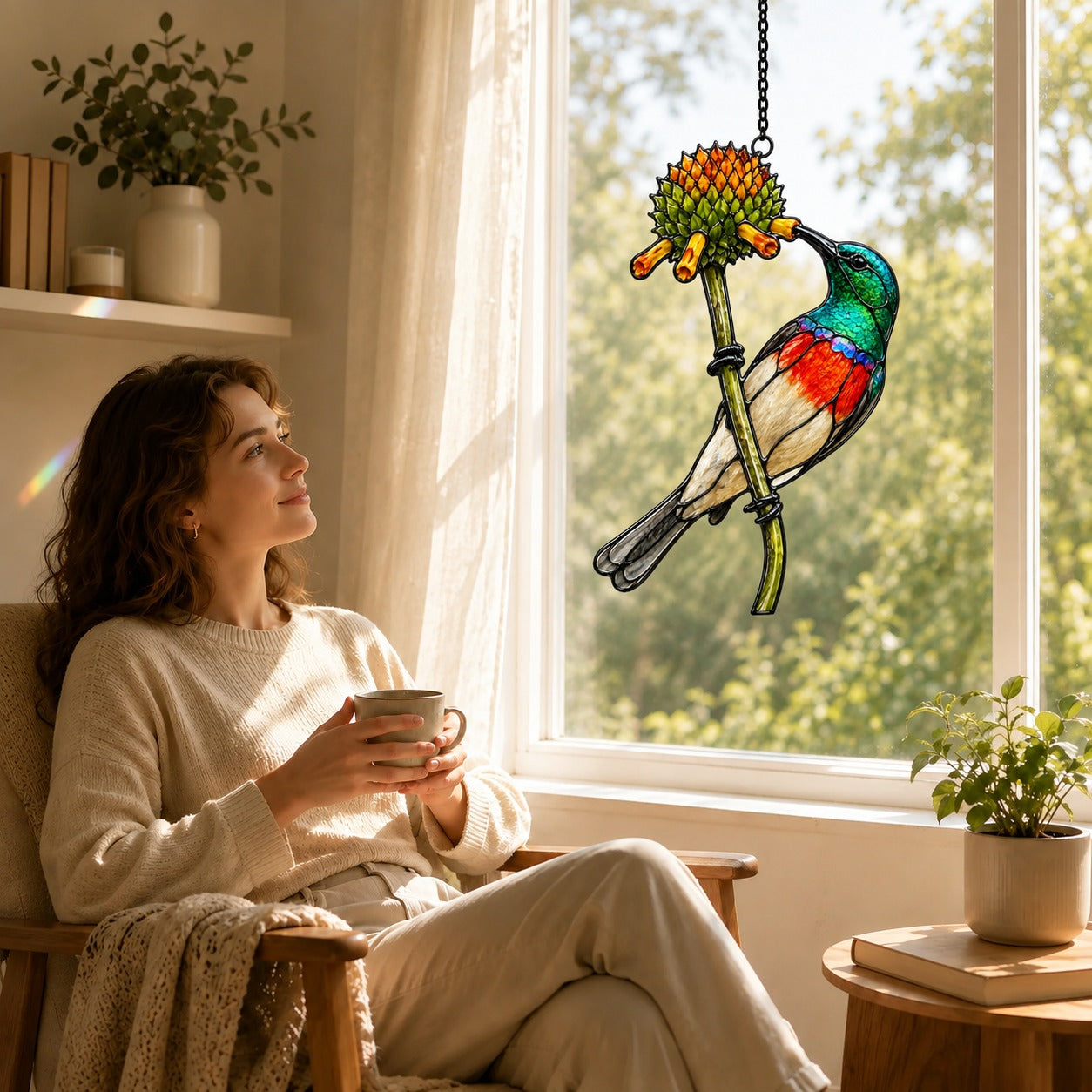 Scarlet-chested Sunbird & Protea Holographic Acrylic Suncatcher