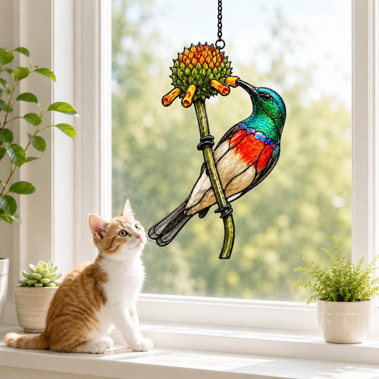 Scarlet-chested Sunbird & Protea Holographic Acrylic Suncatcher
