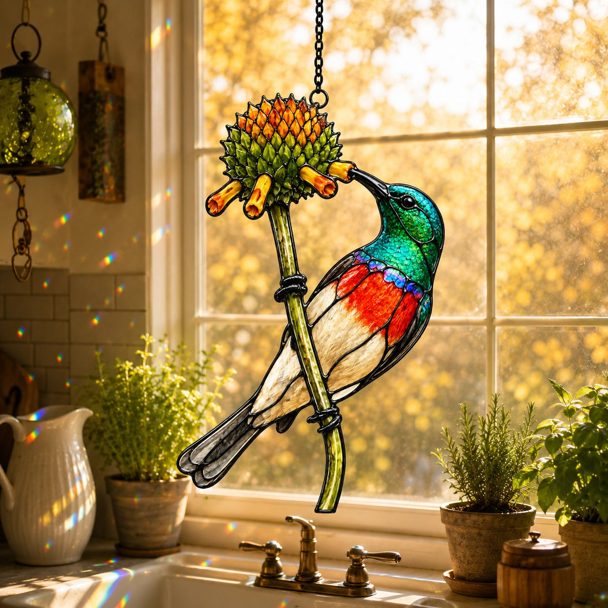 Scarlet-chested Sunbird & Protea Holographic Acrylic Suncatcher