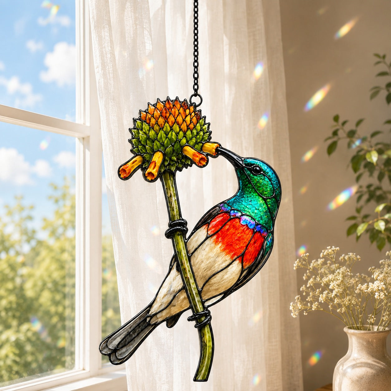 Scarlet-chested Sunbird & Protea Holographic Acrylic Suncatcher