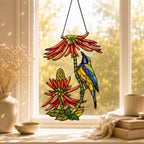 Stained glass style suncatcher with two sunbirds on a stem of coral aloe flowers, hanging in a sunlit window with rainbow light