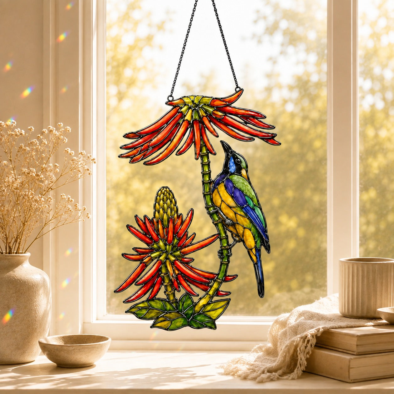 Stained glass style suncatcher with two sunbirds on a stem of coral aloe flowers, hanging in a sunlit window with rainbow light