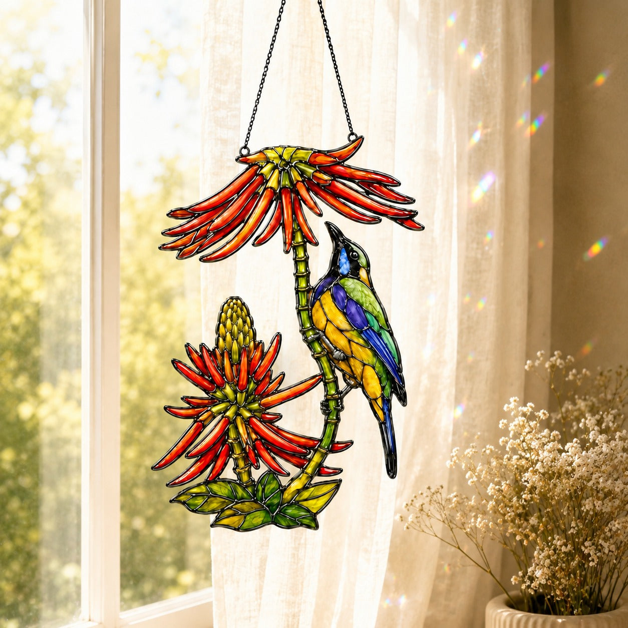 Sunbird Pair & Coral Aloe Flowers Holographic Acrylic Suncatcher