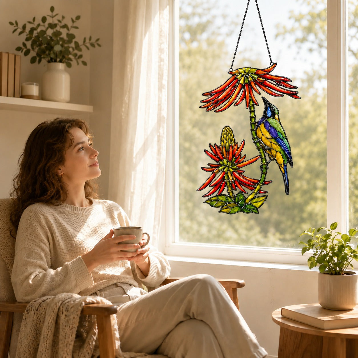 Sunbird Pair & Coral Aloe Flowers Holographic Acrylic Suncatcher