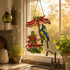 Sunbird Pair & Coral Aloe Flowers Holographic Acrylic Suncatcher