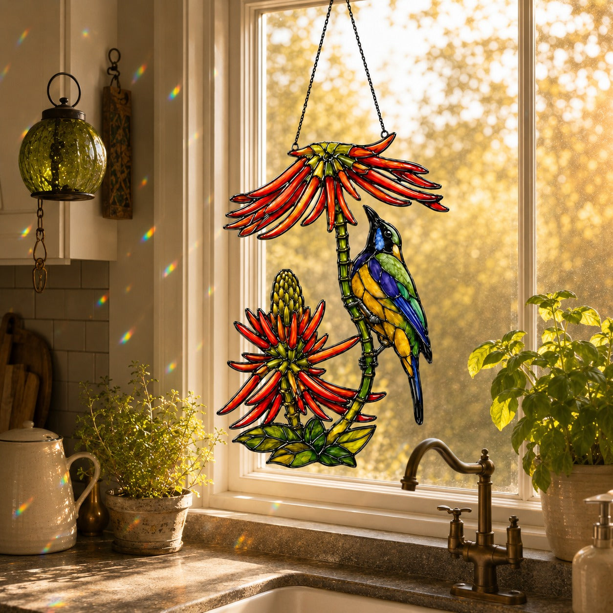Sunbird Pair & Coral Aloe Flowers Holographic Acrylic Suncatcher