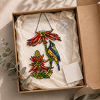 Sunbird Pair & Coral Aloe Flowers Holographic Acrylic Suncatcher
