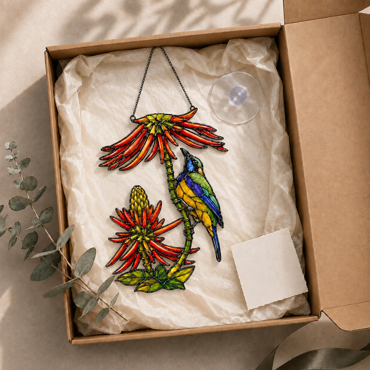Sunbird Pair & Coral Aloe Flowers Holographic Acrylic Suncatcher
