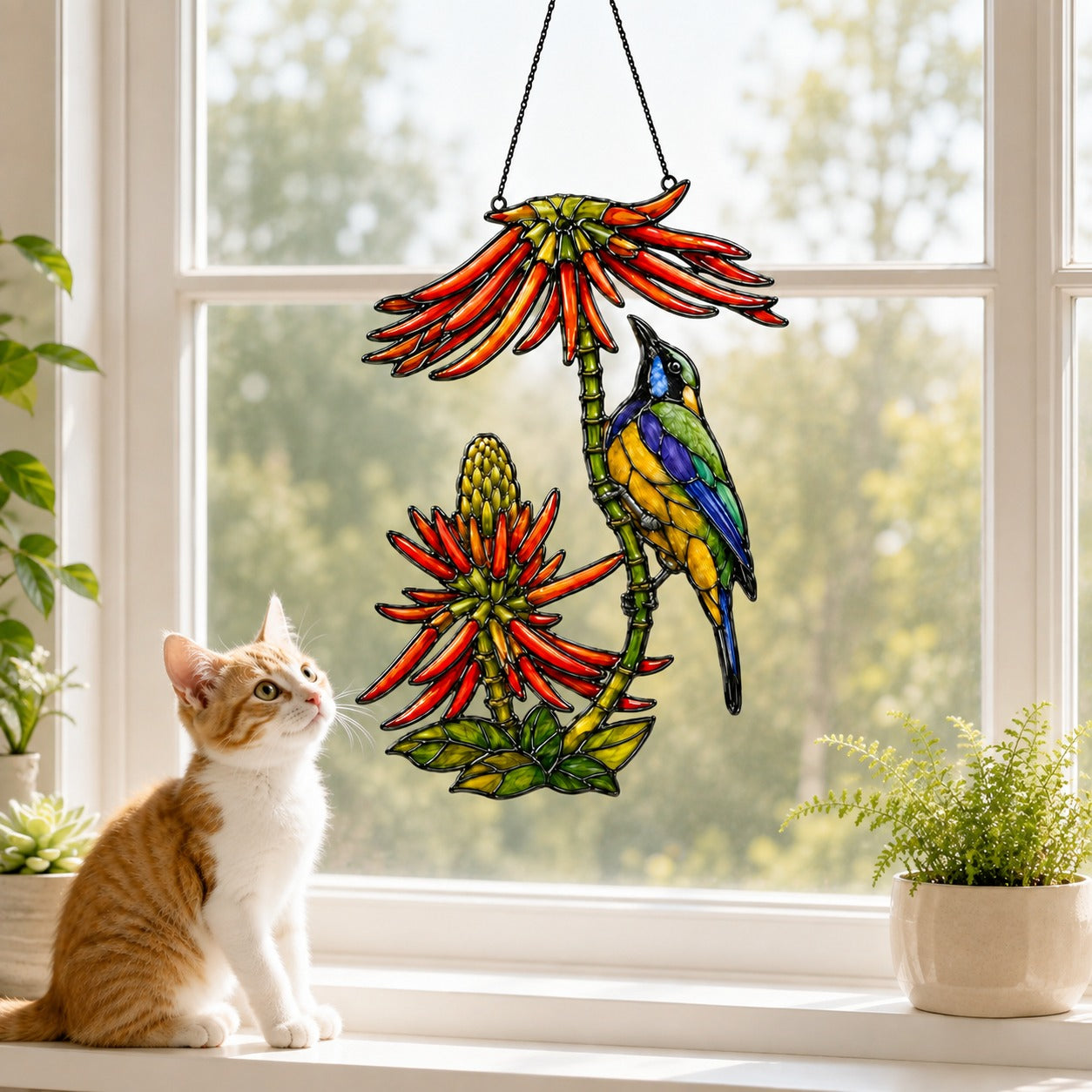 Sunbird Pair & Coral Aloe Flowers Holographic Acrylic Suncatcher