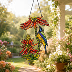 Sunbird Pair & Coral Aloe Flowers Holographic Acrylic Suncatcher