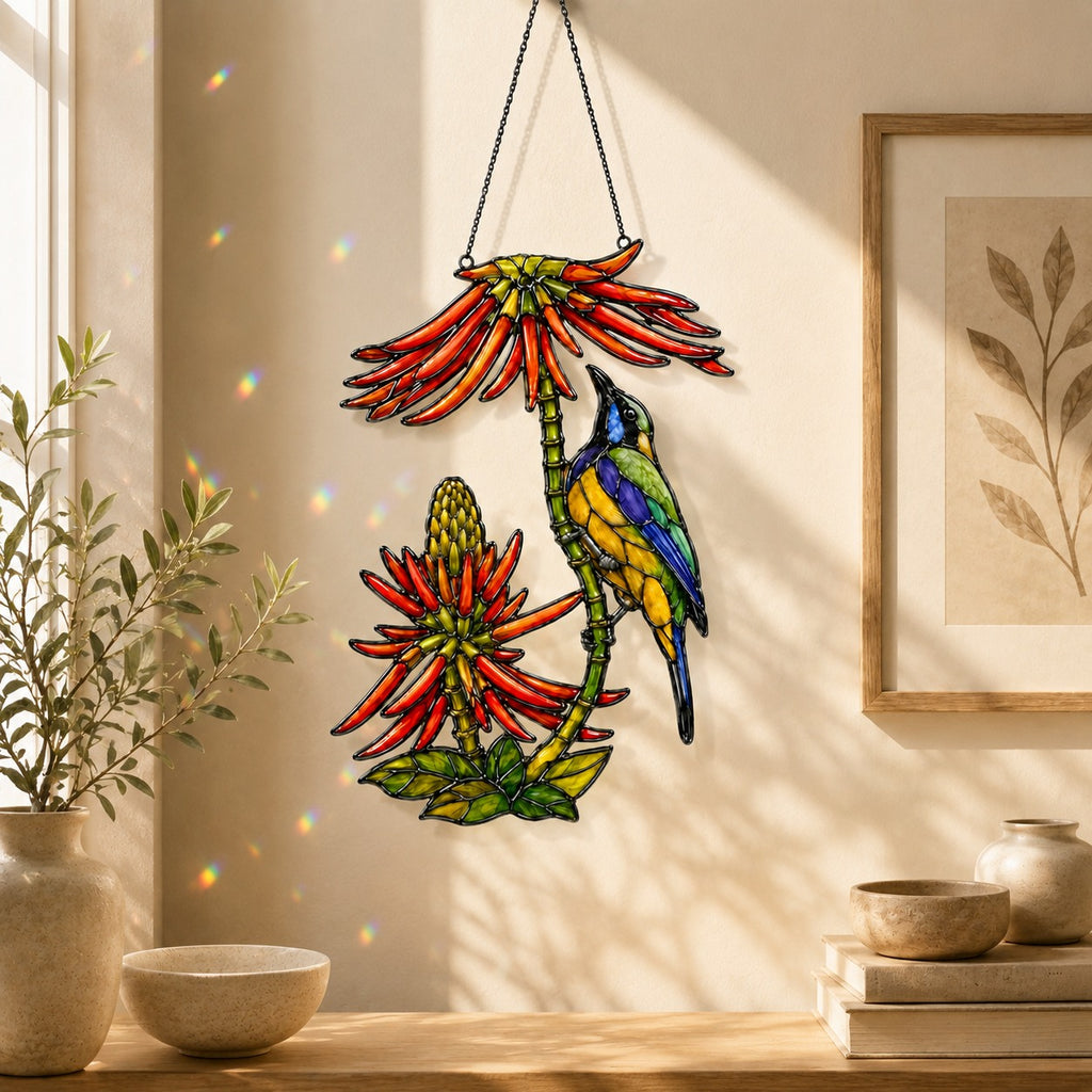 Sunbird Pair & Coral Aloe Flowers Holographic Acrylic Suncatcher