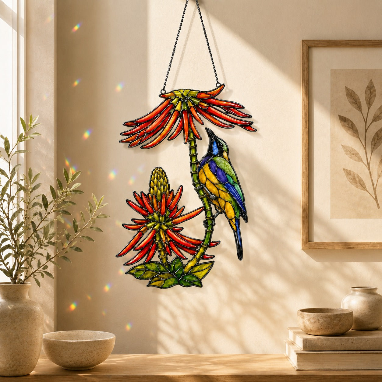 Sunbird Pair & Coral Aloe Flowers Holographic Acrylic Suncatcher