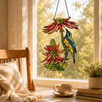 Sunbird Pair & Coral Aloe Flowers Holographic Acrylic Suncatcher