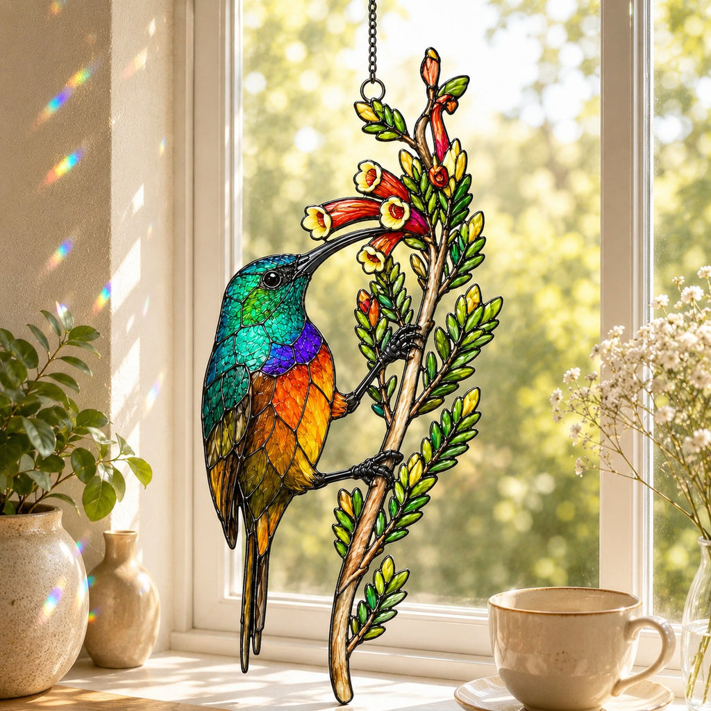 Stained glass style suncatcher with a rainbow sunbird feeding at red tubular flowers, hanging in a sunlit window with rainbow light