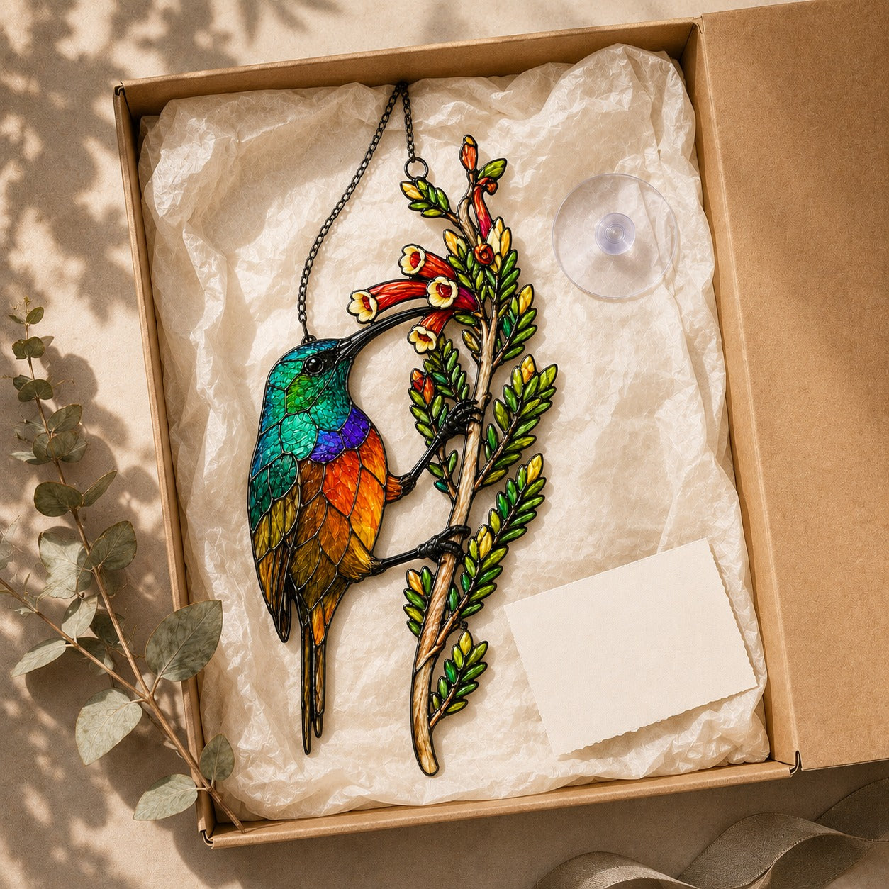 Rainbow Sunbird & Red Tubular Blooms Holographic Acrylic Suncatcher
