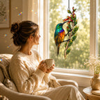 Rainbow Sunbird & Red Tubular Blooms Holographic Acrylic Suncatcher
