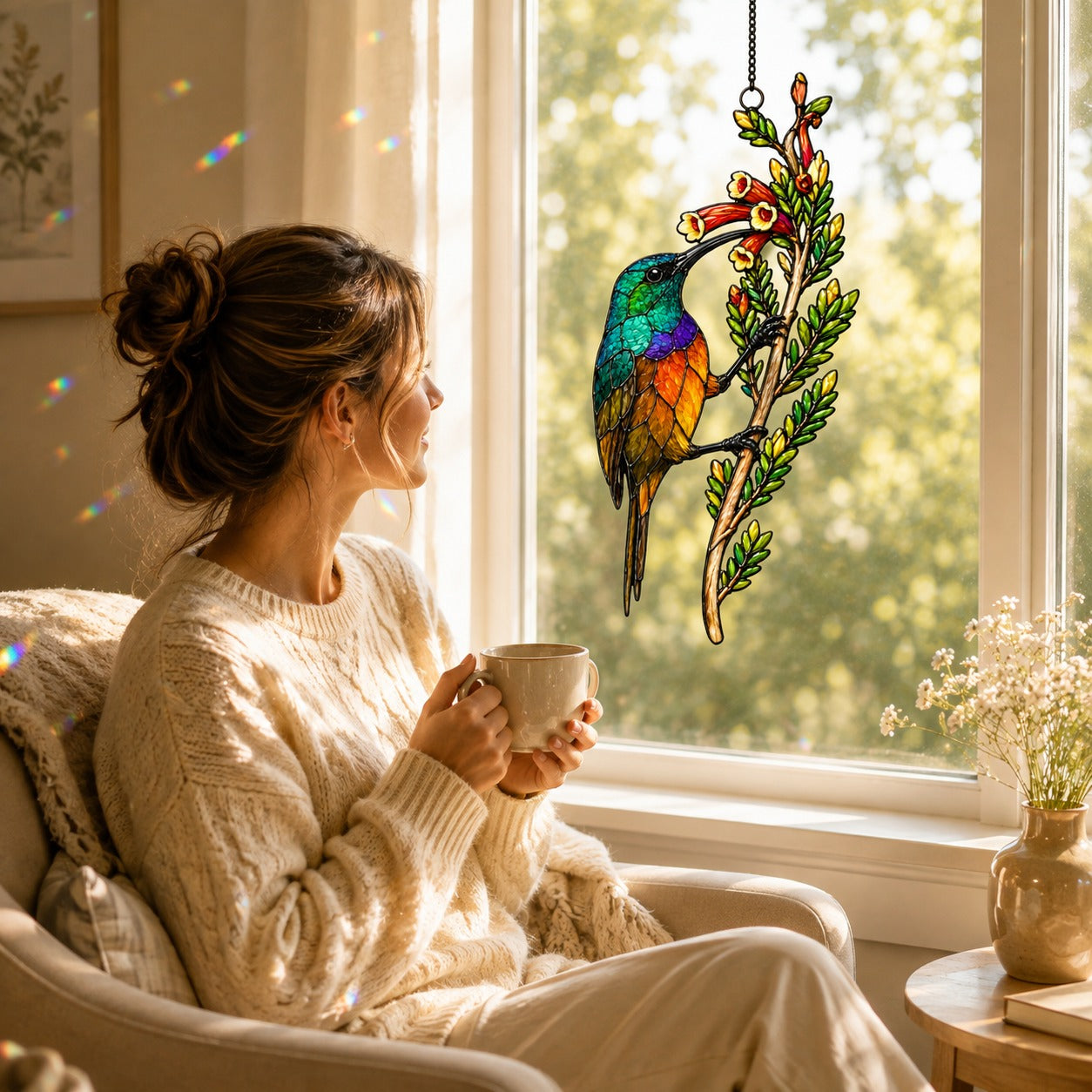 Rainbow Sunbird & Red Tubular Blooms Holographic Acrylic Suncatcher