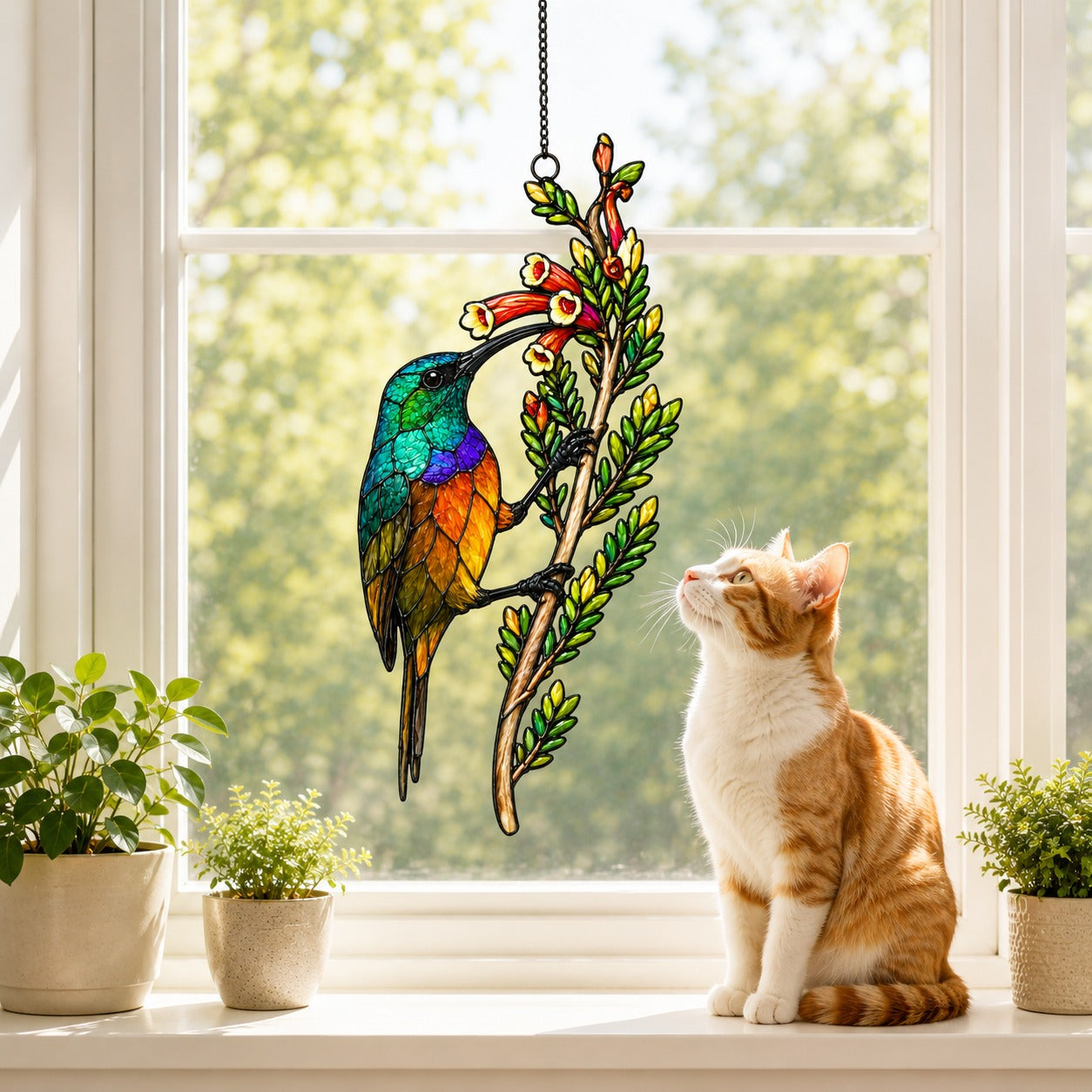 Rainbow Sunbird & Red Tubular Blooms Holographic Acrylic Suncatcher