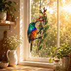 Rainbow Sunbird & Red Tubular Blooms Holographic Acrylic Suncatcher
