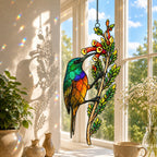 Rainbow Sunbird & Red Tubular Blooms Holographic Acrylic Suncatcher