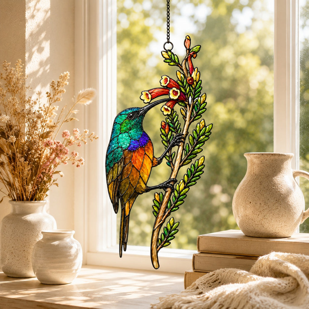 Rainbow Sunbird & Red Tubular Blooms Holographic Acrylic Suncatcher
