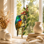 Rainbow Sunbird & Red Tubular Blooms Holographic Acrylic Suncatcher