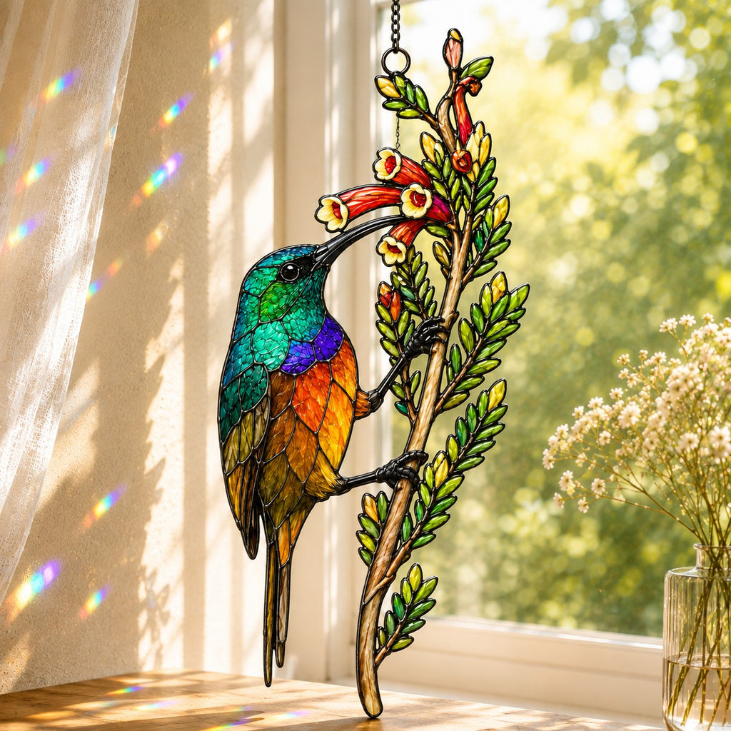 Rainbow Sunbird & Red Tubular Blooms Holographic Acrylic Suncatcher