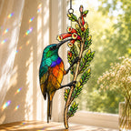 Rainbow Sunbird & Red Tubular Blooms Holographic Acrylic Suncatcher
