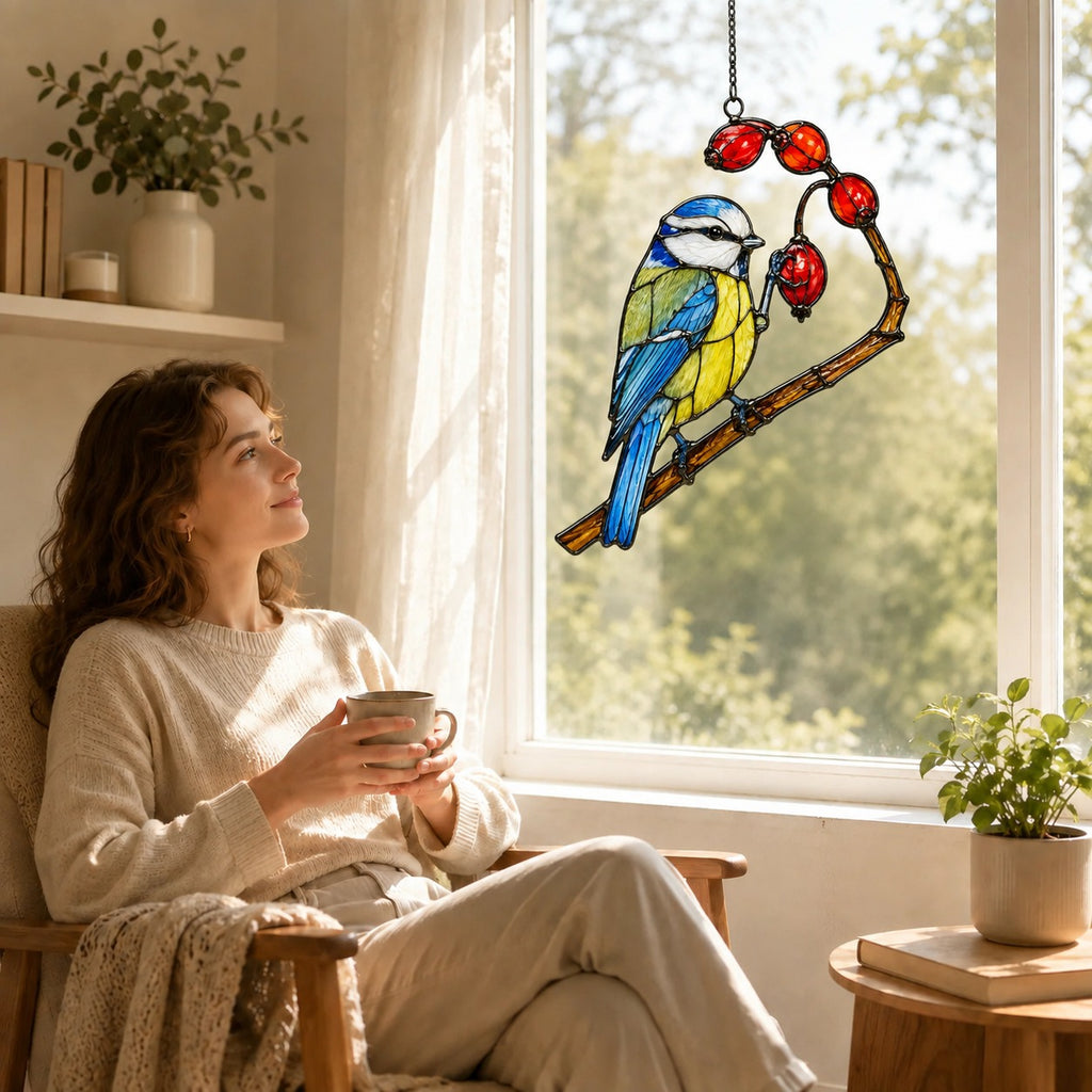 Blue Tit & Rosehip Berry Branch Holographic Acrylic Suncatcher