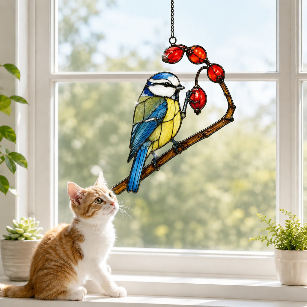 Blue Tit & Rosehip Berry Branch Holographic Acrylic Suncatcher