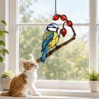 Blue Tit & Rosehip Berry Branch Holographic Acrylic Suncatcher