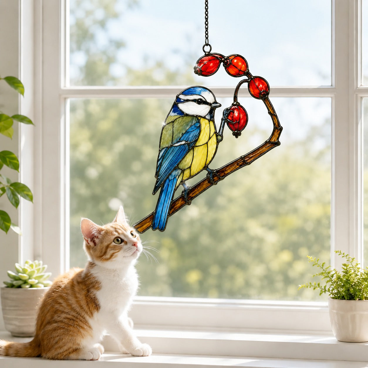 Blue Tit & Rosehip Berry Branch Holographic Acrylic Suncatcher