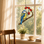 Blue Tit & Rosehip Berry Branch Holographic Acrylic Suncatcher
