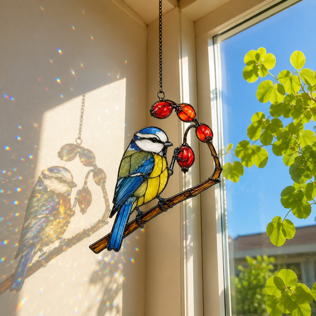 Blue Tit & Rosehip Berry Branch Holographic Acrylic Suncatcher