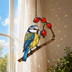 Blue Tit & Rosehip Berry Branch Holographic Acrylic Suncatcher