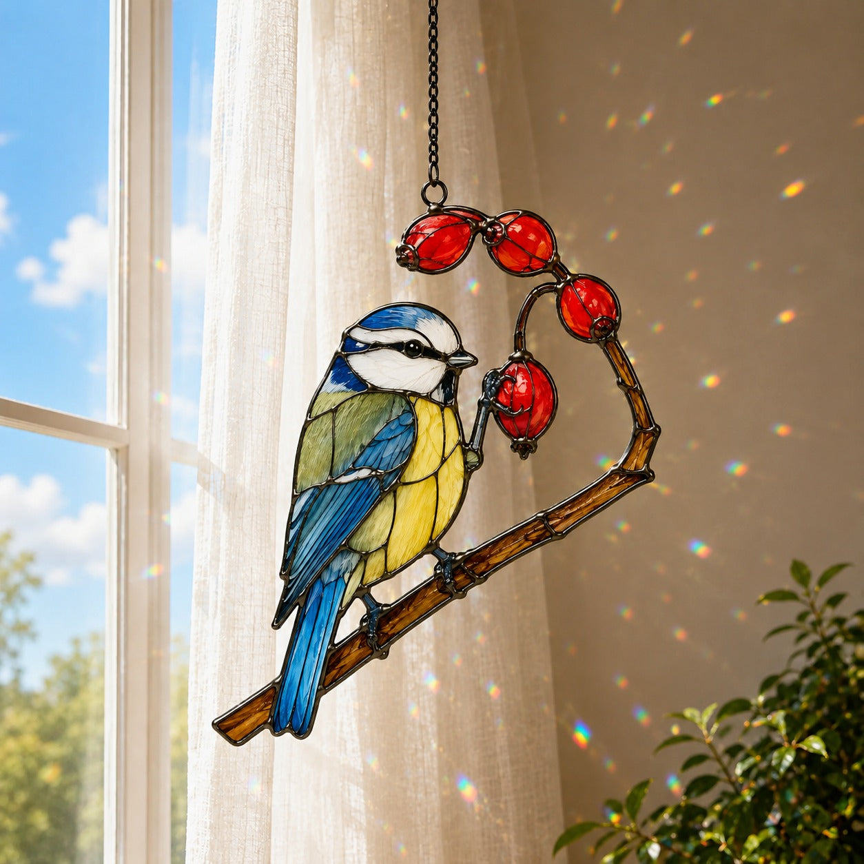 Blue Tit & Rosehip Berry Branch Holographic Acrylic Suncatcher