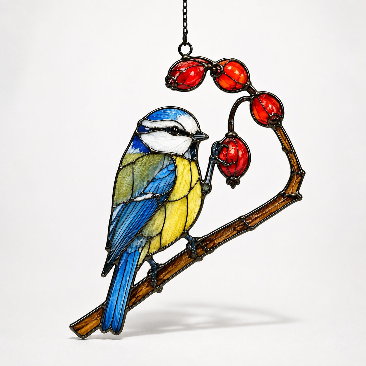 Blue Tit & Rosehip Berry Branch Holographic Acrylic Suncatcher