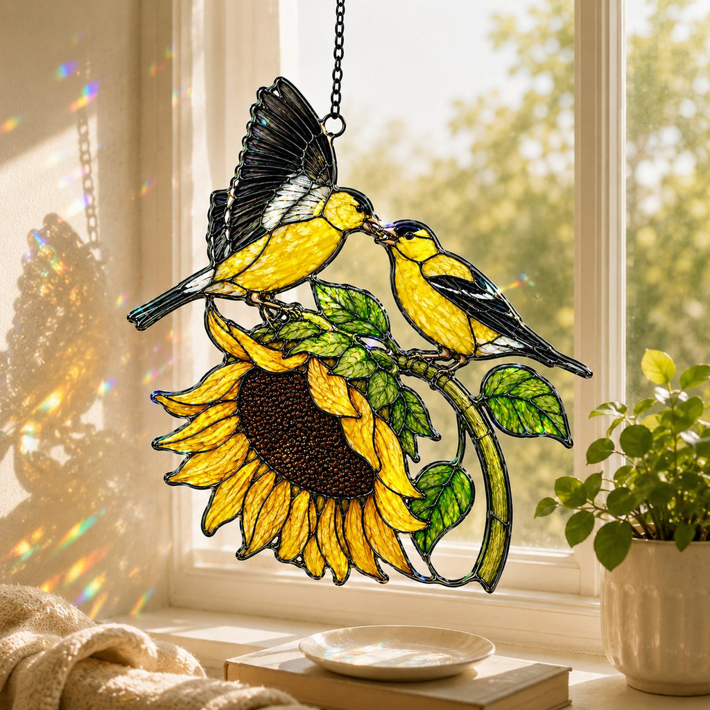 Stained glass style suncatcher with two goldfinches above a sunflower, hanging in a sunlit window with rainbow light